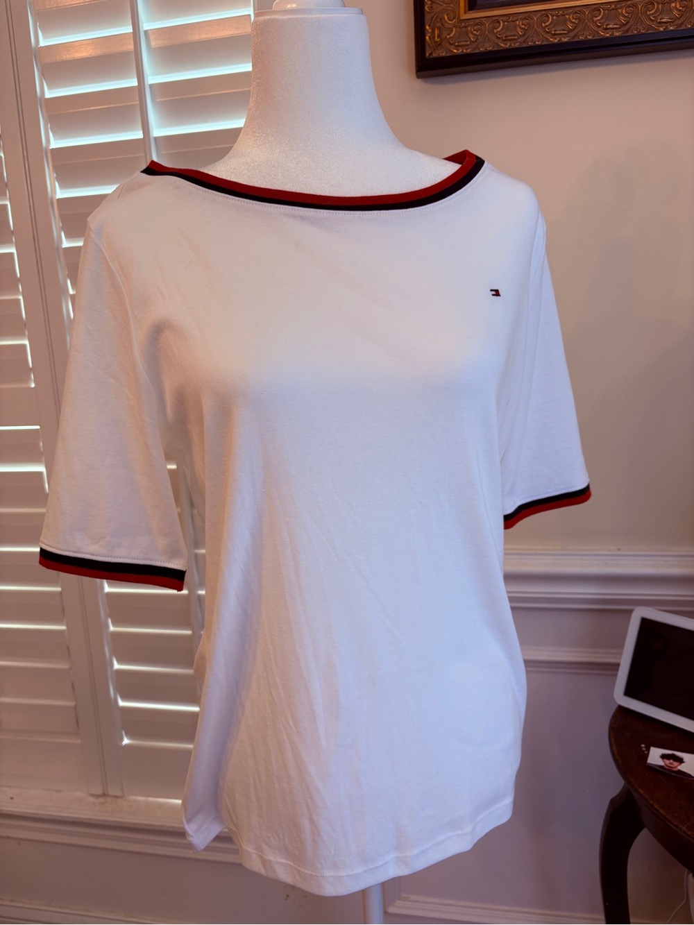 Tommy Hilfiger White Short-Sleeve Tee with Red & Navy Trim